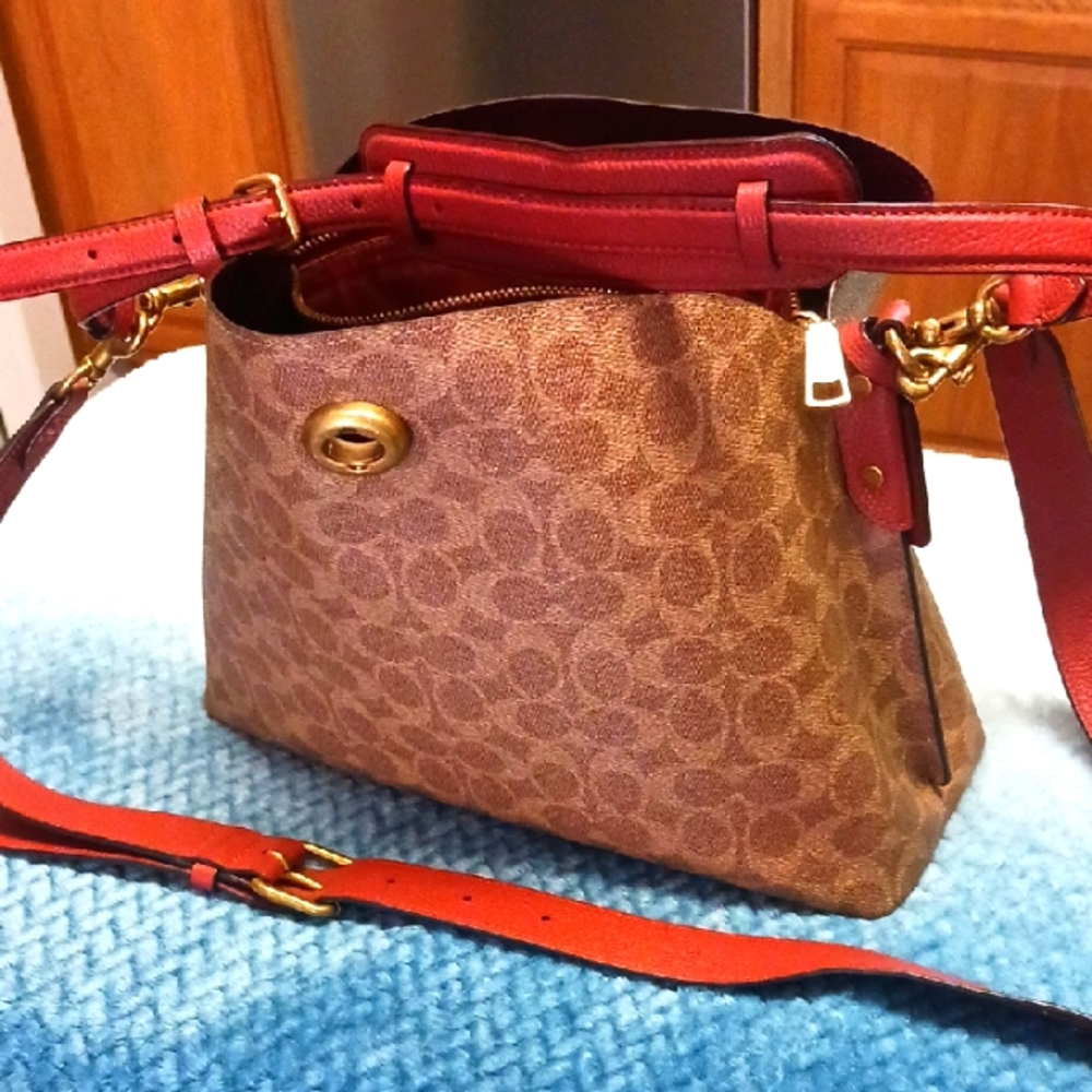 Coach Elegant Brown and Red Crossbody Bag 12×12.